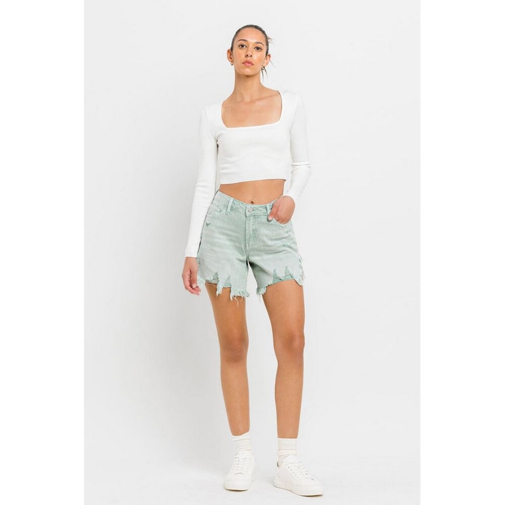 Vervet Sz. M High Rise Side Slit Denim Shorts In Abstracted Festival Beachy